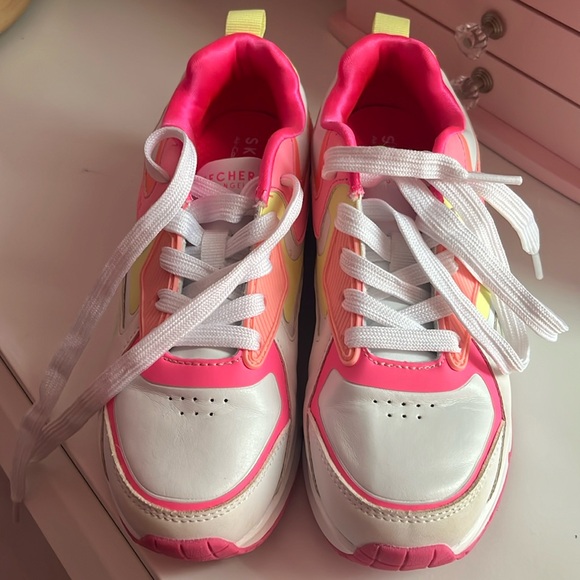 Skechers Other - Sketchers memory foam girls sneakers size 1. Barely worn. White/pinks/yellow